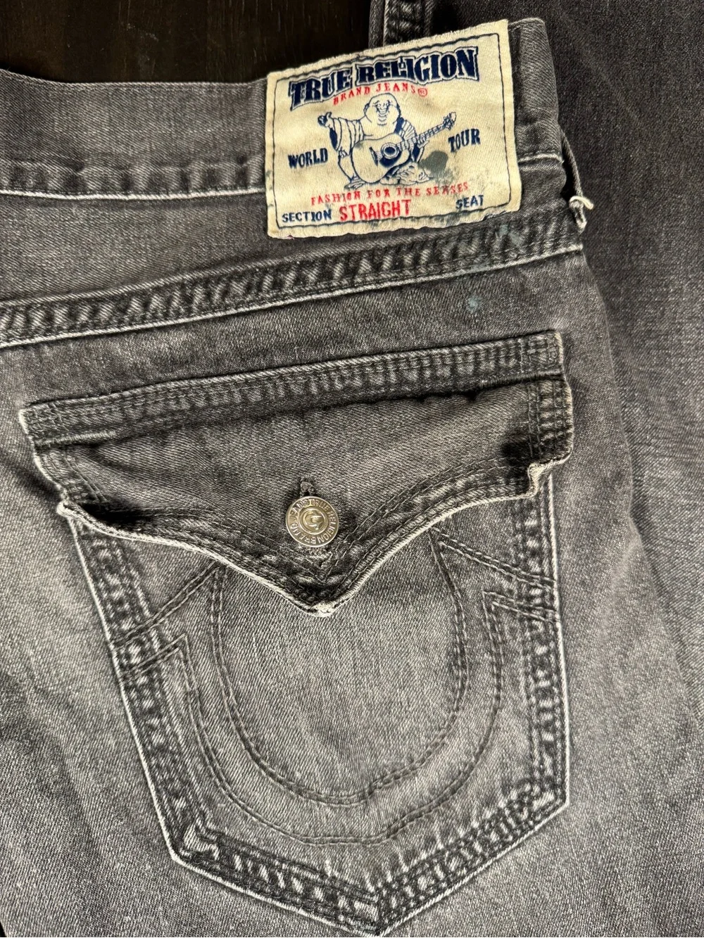 True Religion Ricky Straight Flap Jeans Size 36 Gray Black Wash 100% Cotton